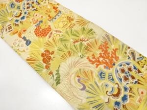 アンティーク　鶴に宝尽くし・松・菊模様織り出し丸帯（材料）